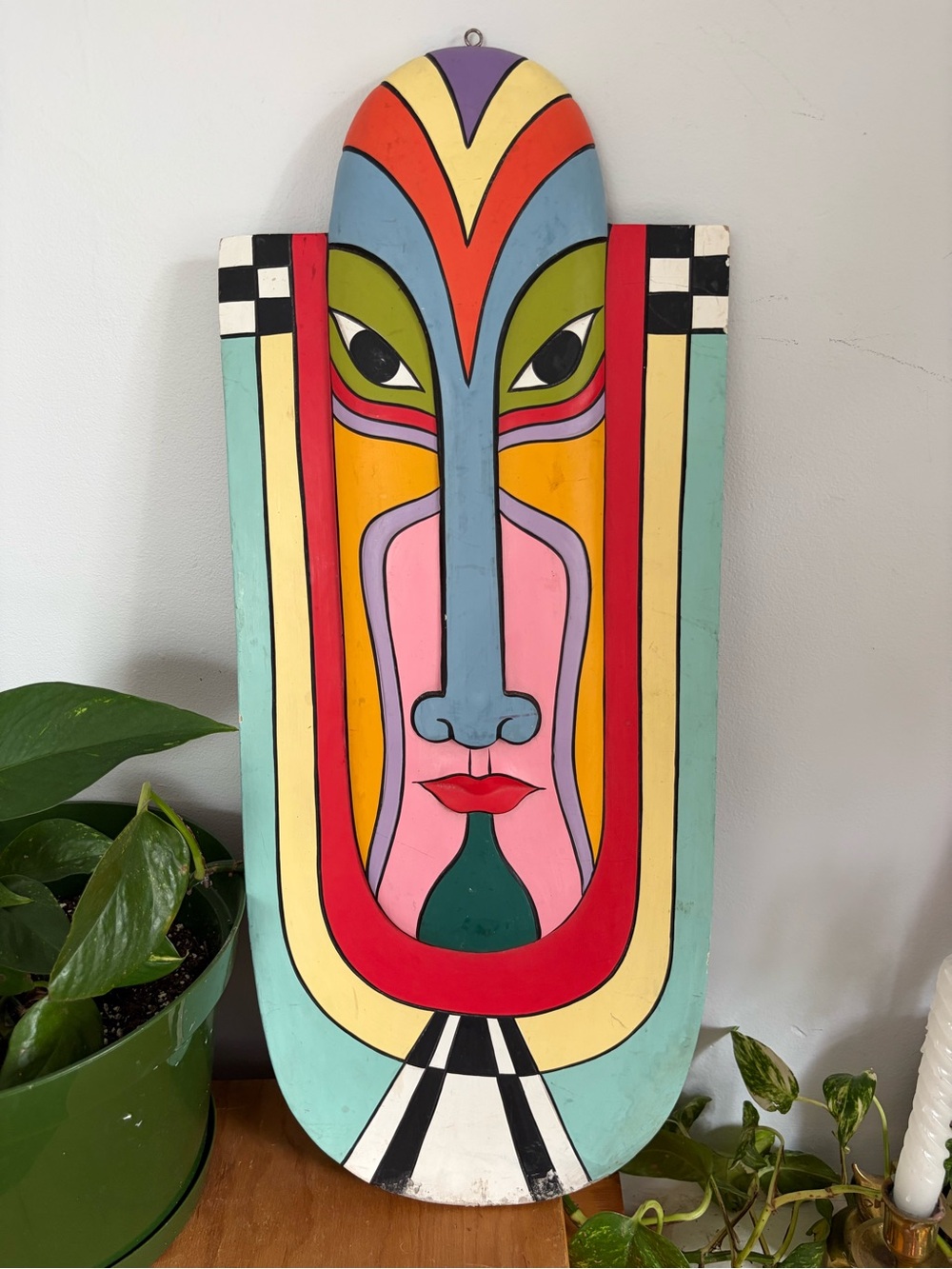 Vintage Carved Wood Multicolour Abstract Mask Wall Art - Vibrant Home Wall Decor